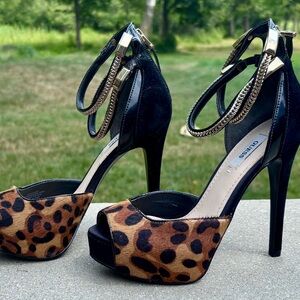 Guess Leopard Print Heels with Black and Gold Accents